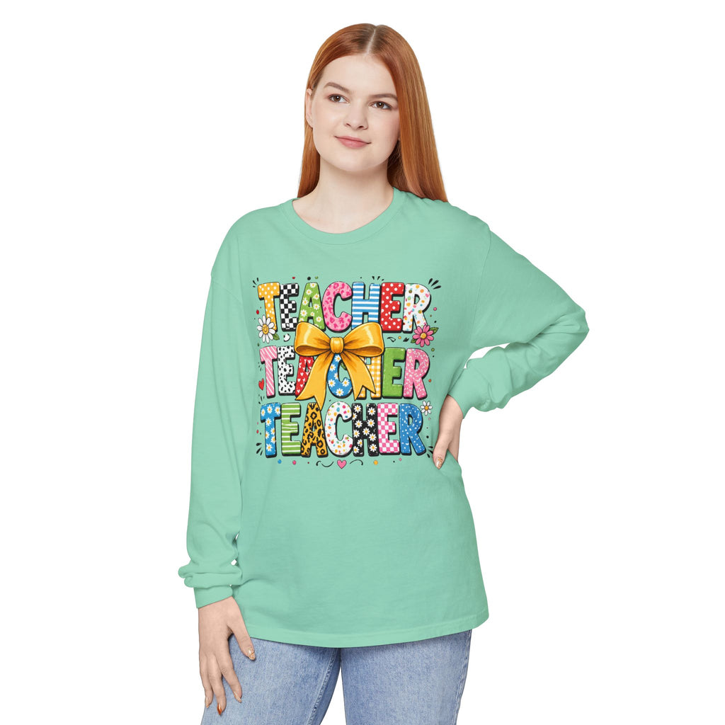 Teacher Tee — Colorful 'Teacher' Graphic Long Sleeve Shirt (Bow Design)