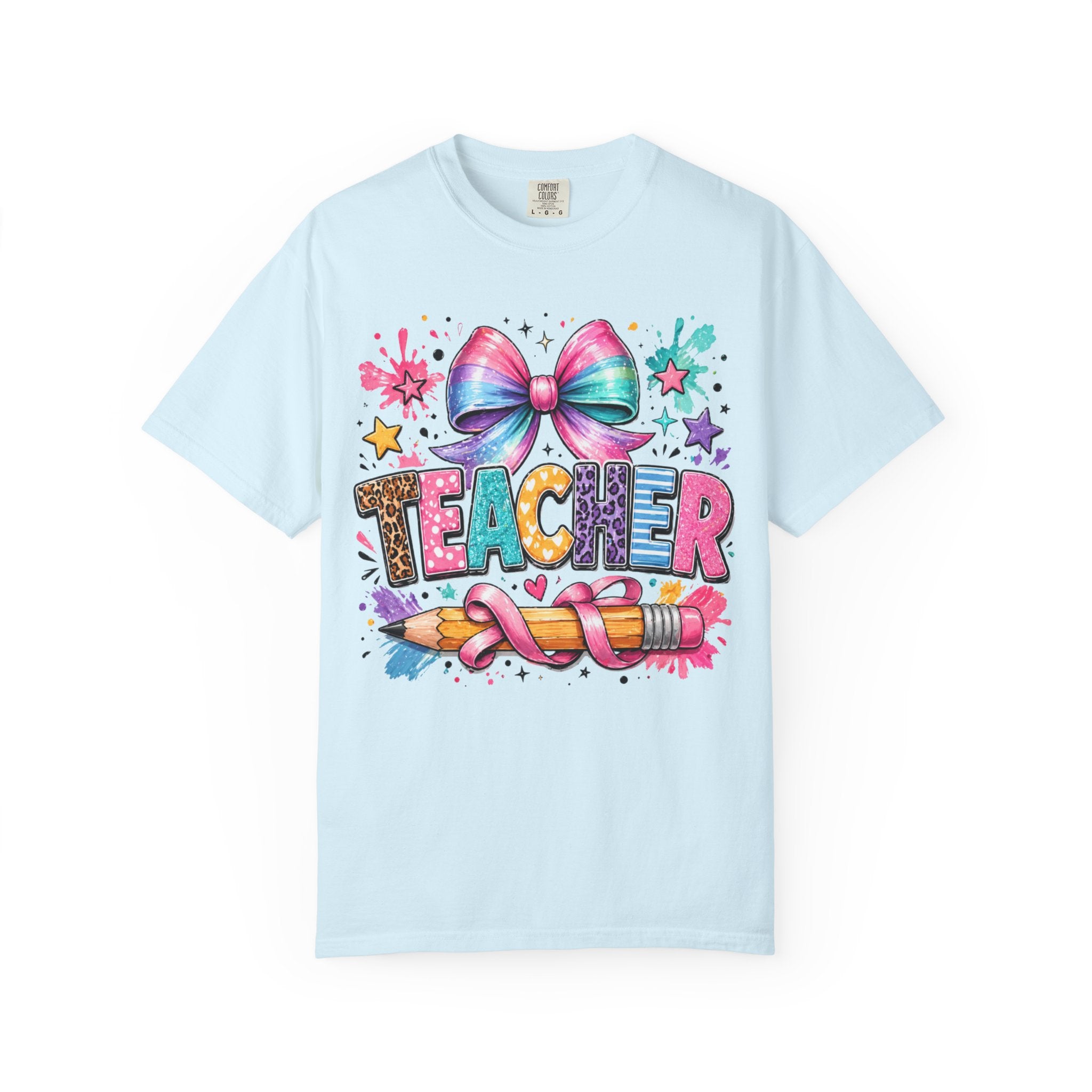 Teacher Colorful Bow & Pencil T-Shirt — Cute Back-to-School Gift