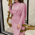 Women Elegant Long Sleeve Pleated Slim Dress