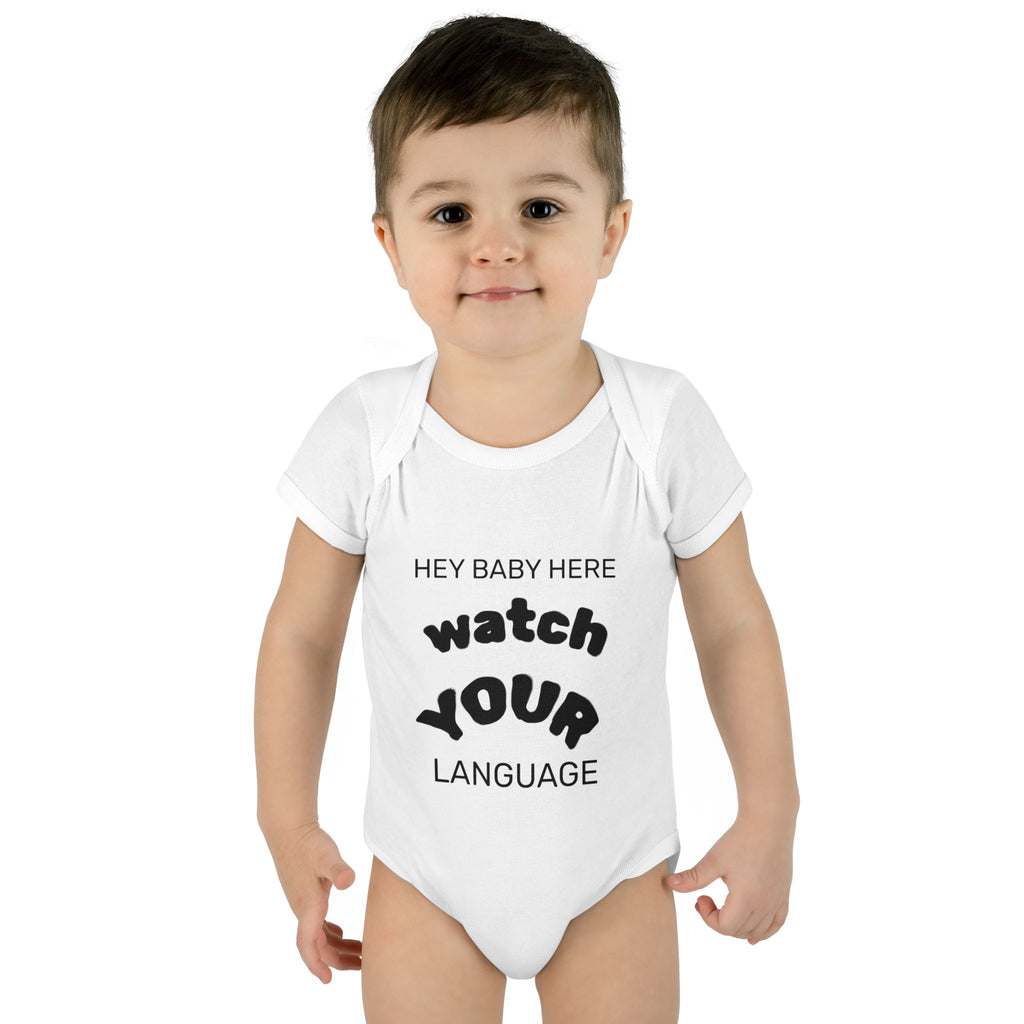 Infant Bodysuit — "Hey Baby Here, Watch Your Language" Cute Newborn Onesie (Back ‘Thank You’)