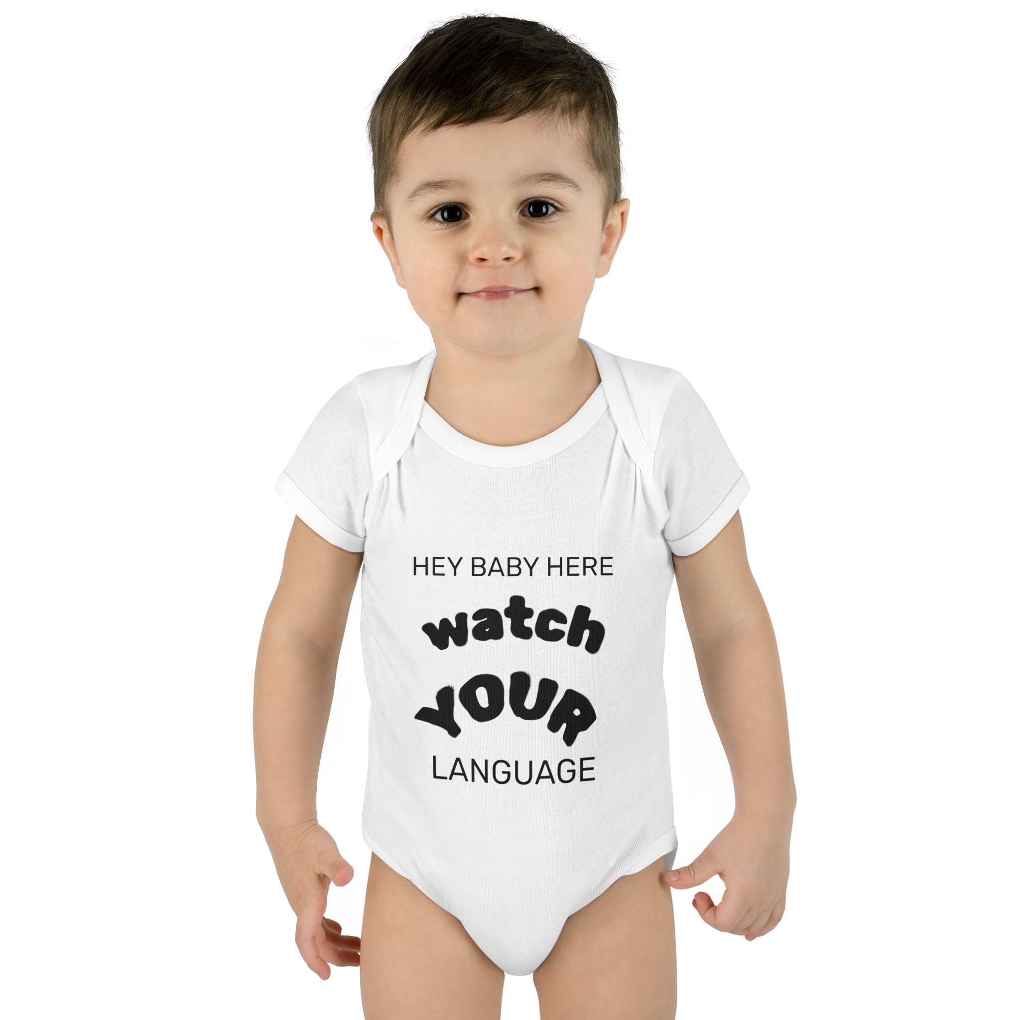 Infant Bodysuit — "Hey Baby Here, Watch Your Language" Cute Newborn Onesie (Back ‘Thank You’)