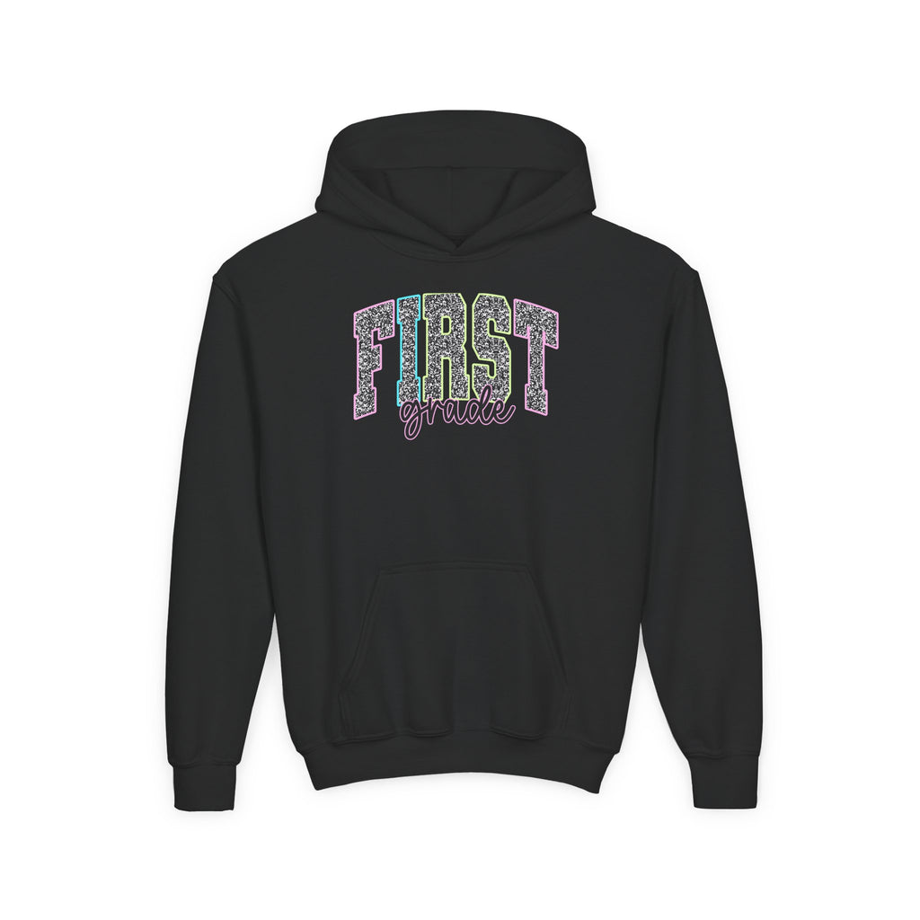 First Grade Kids Hoodie — Glitter Lettering Back-to-School Sweatshirt