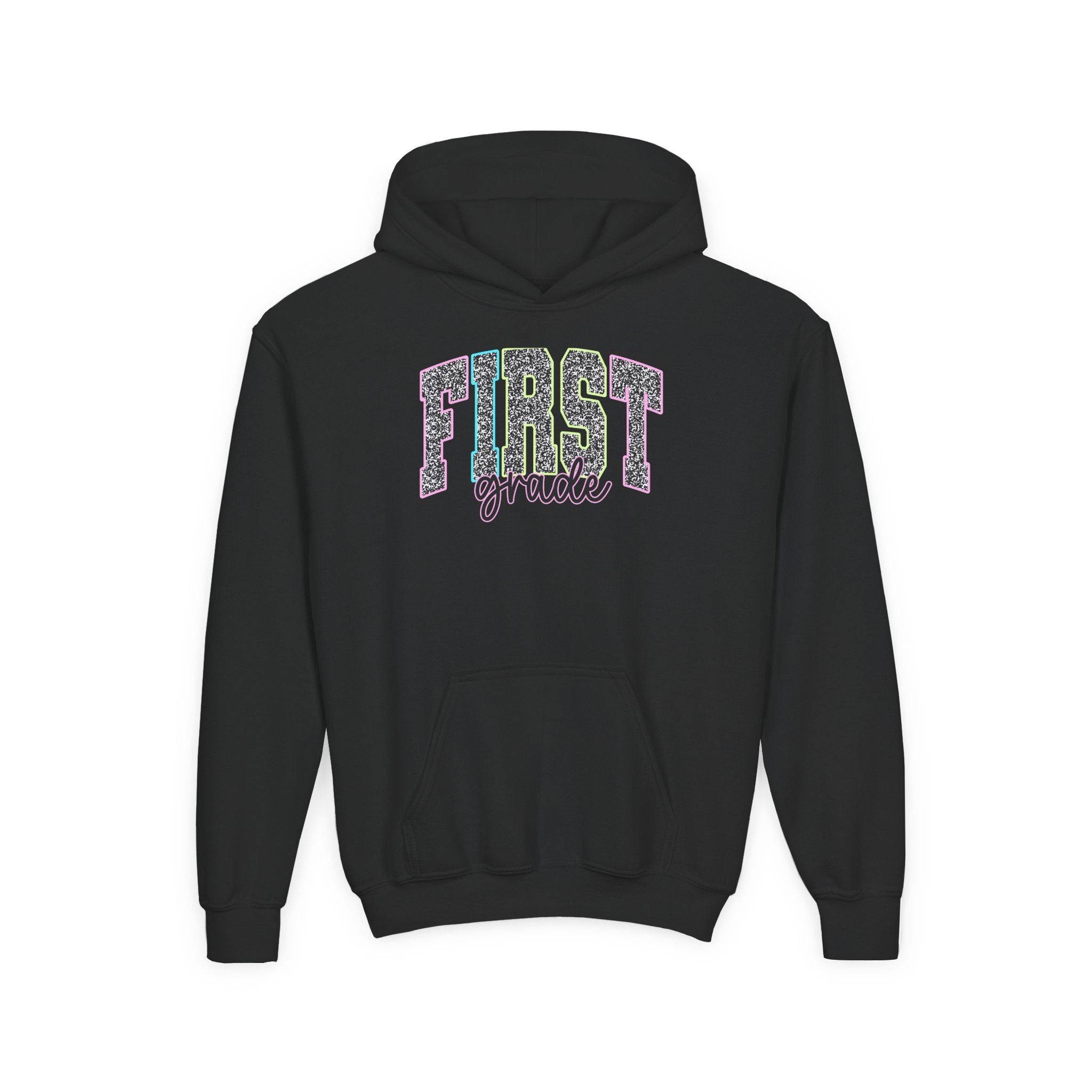 First Grade Kids Hoodie — Glitter Lettering Back-to-School Sweatshirt