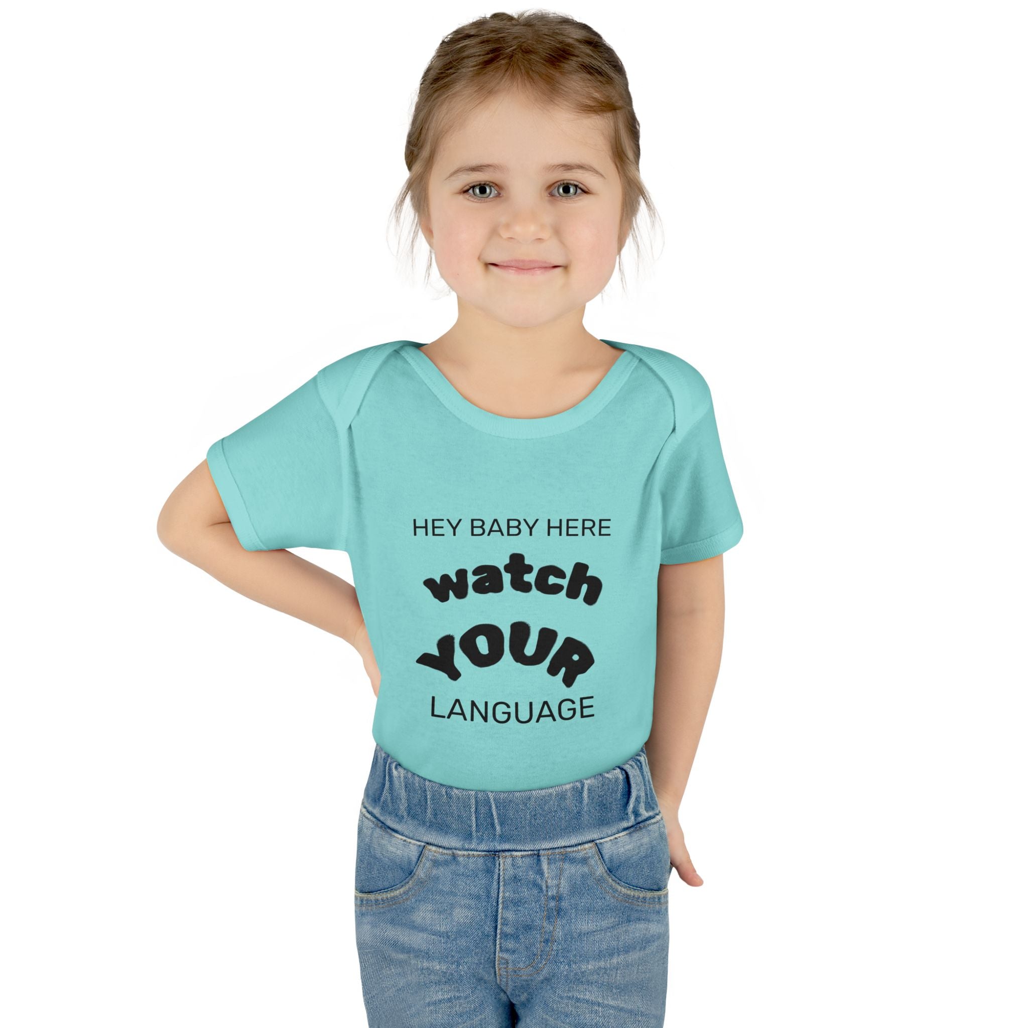 Infant Bodysuit — "Hey Baby Here, Watch Your Language" Cute Newborn Onesie (Back ‘Thank You’)