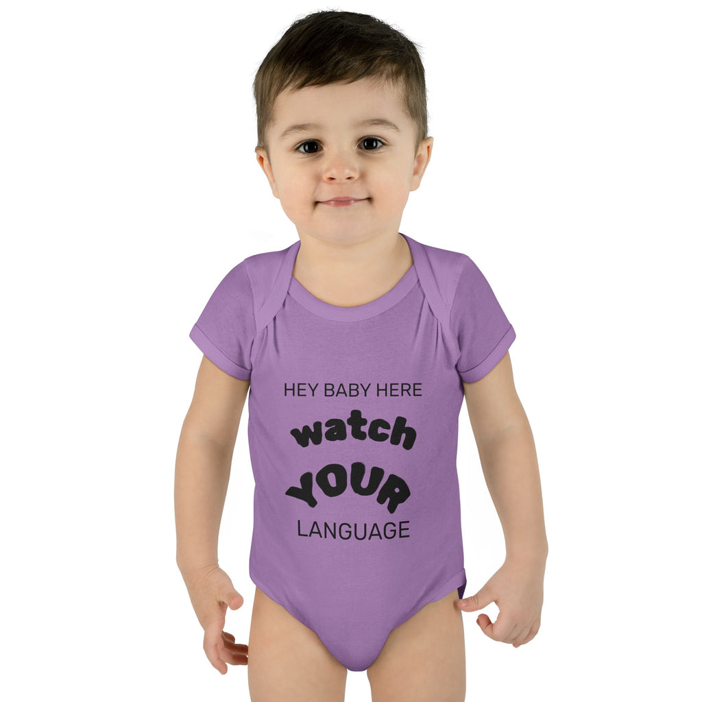Infant Bodysuit — "Hey Baby Here, Watch Your Language" Cute Newborn Onesie (Back ‘Thank You’)