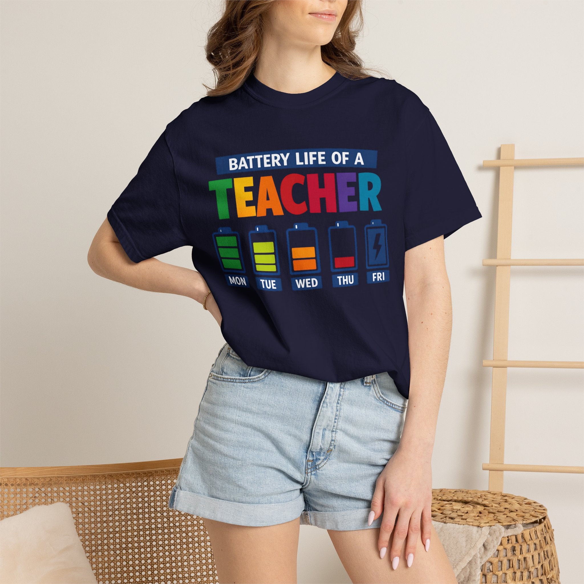Teacher Battery Life T-Shirt — Funny Teacher Appreciation Tee (Mon-Fri Battery Icons)