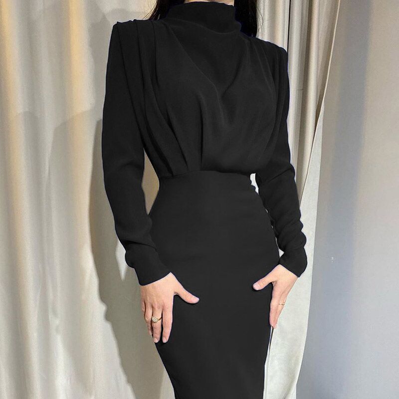Women Elegant Long Sleeve Pleated Slim Dress