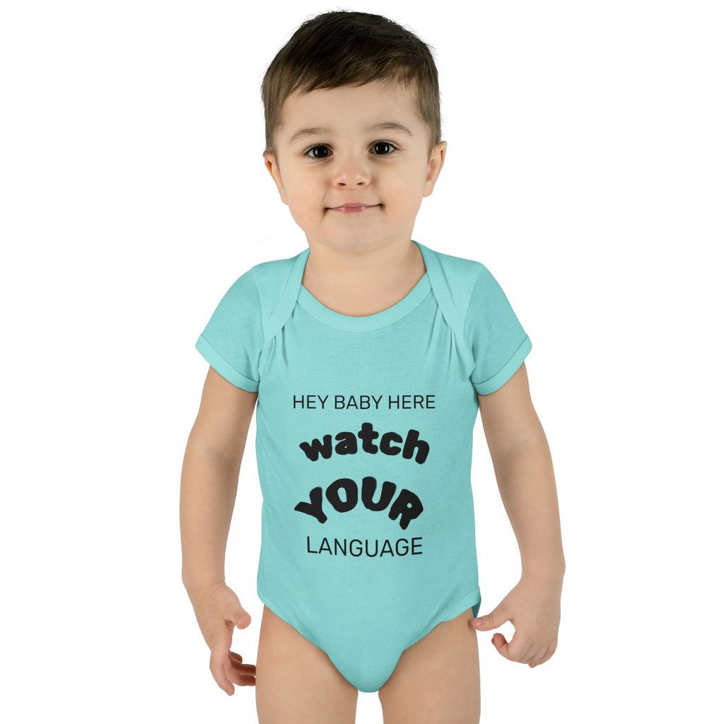 Infant Bodysuit — "Hey Baby Here, Watch Your Language" Cute Newborn Onesie (Back ‘Thank You’)