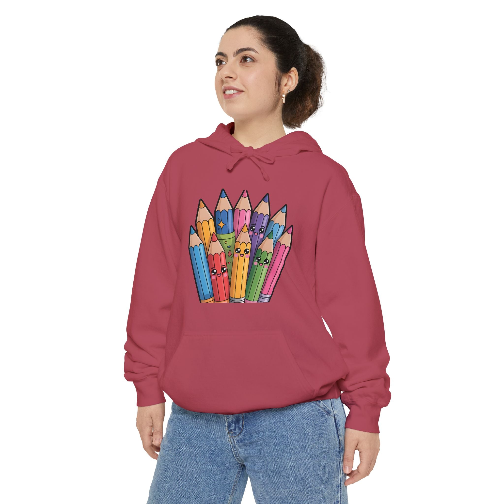 Colorful Pencil Crew Hoodie — Cute Rainbow Pencils Graphic for Teachers & Artists
