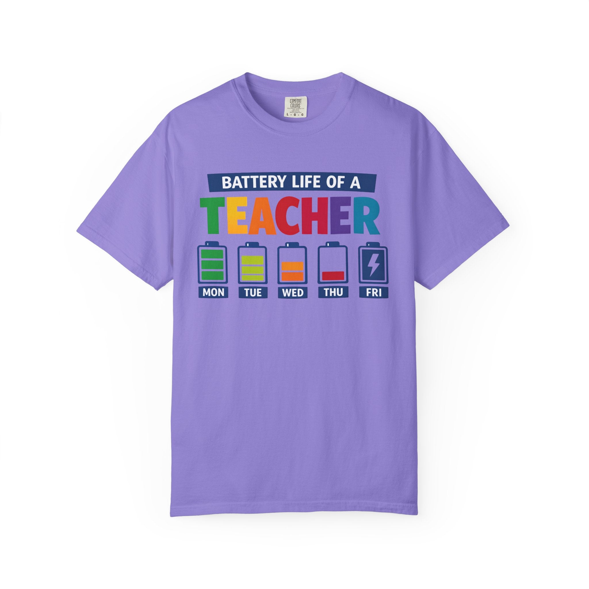 Teacher Battery Life T-Shirt — Funny Teacher Appreciation Tee (Mon-Fri Battery Icons)