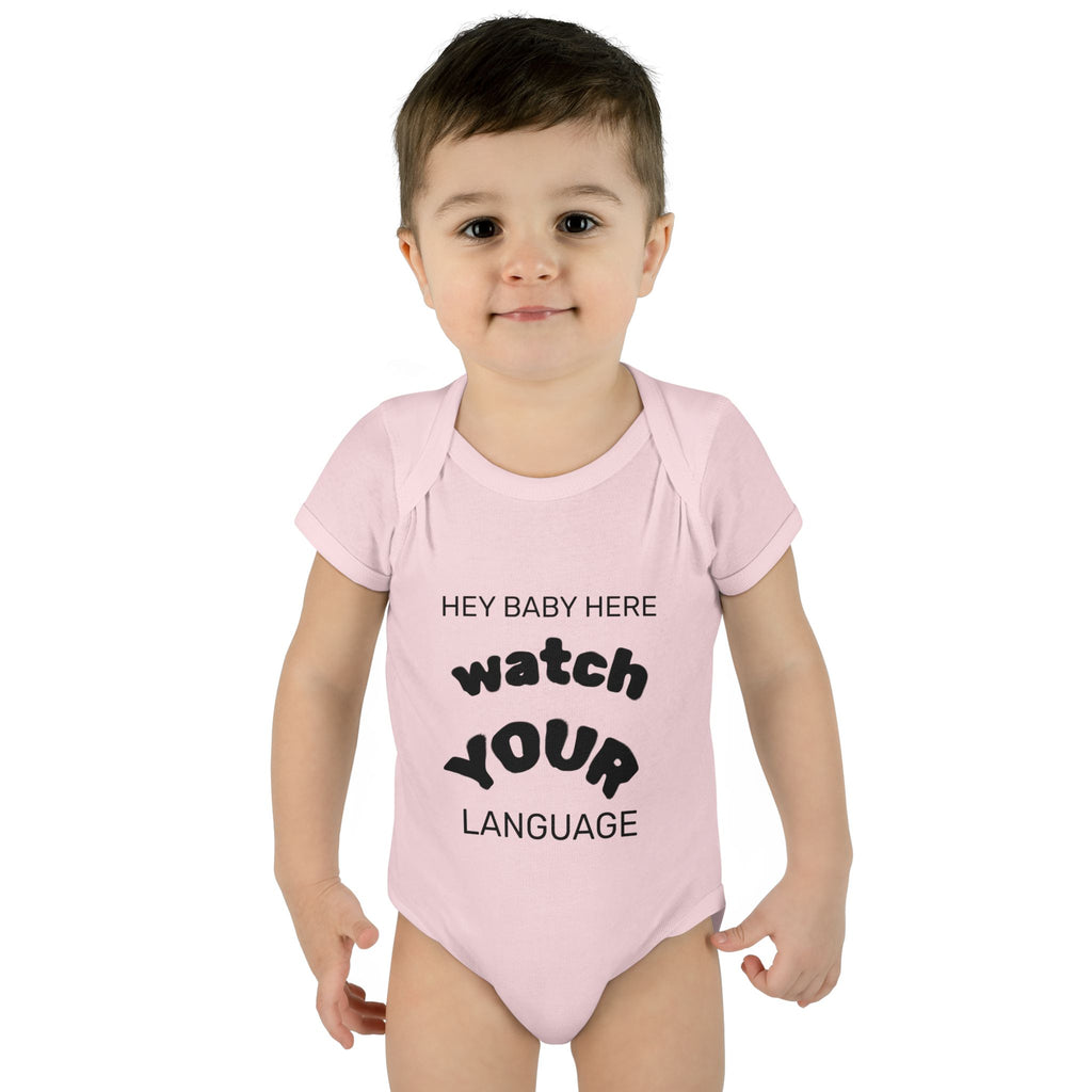 Infant Bodysuit — "Hey Baby Here, Watch Your Language" Cute Newborn Onesie (Back ‘Thank You’)