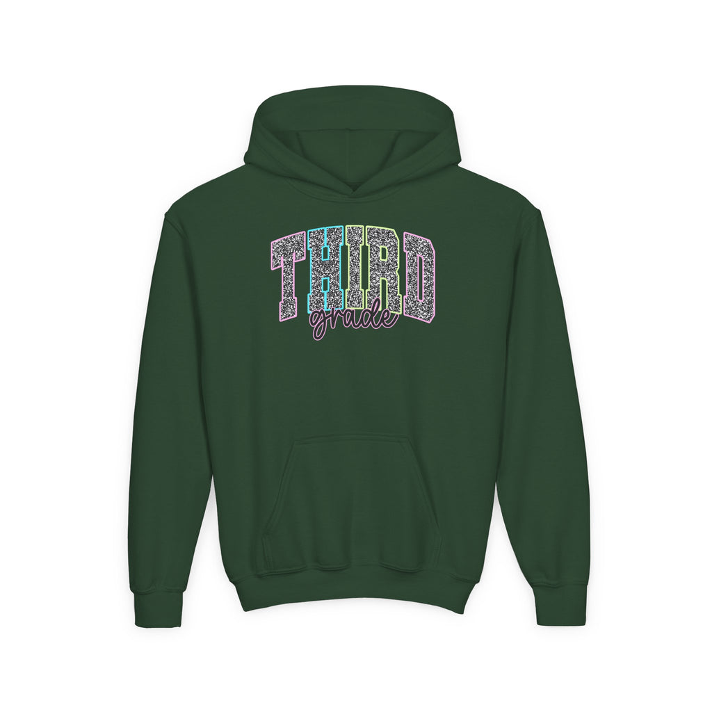 Third Grade Glitter Youth Hoodie — Back to School Pullover for Kids