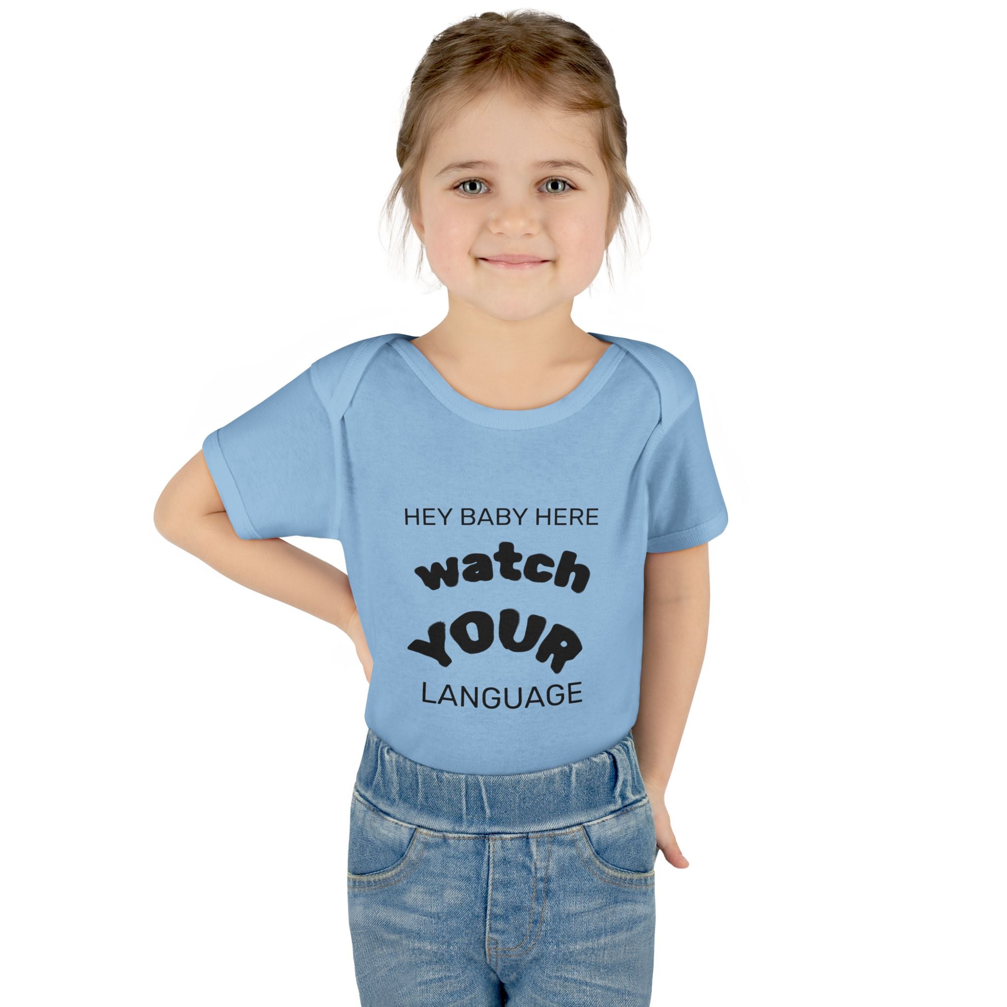 Infant Bodysuit — "Hey Baby Here, Watch Your Language" Cute Newborn Onesie (Back ‘Thank You’)