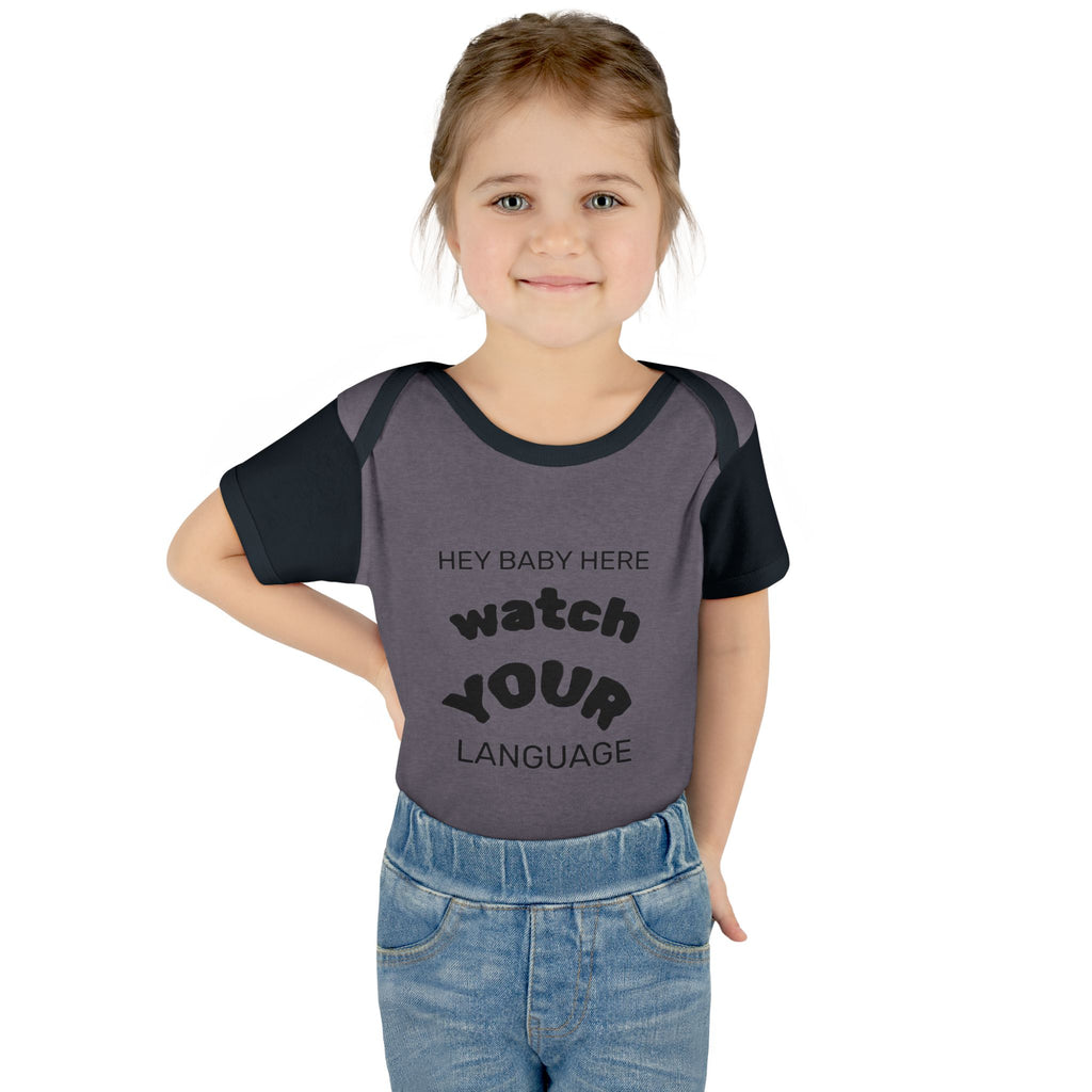 Infant Bodysuit — "Hey Baby Here, Watch Your Language" Cute Newborn Onesie (Back ‘Thank You’)