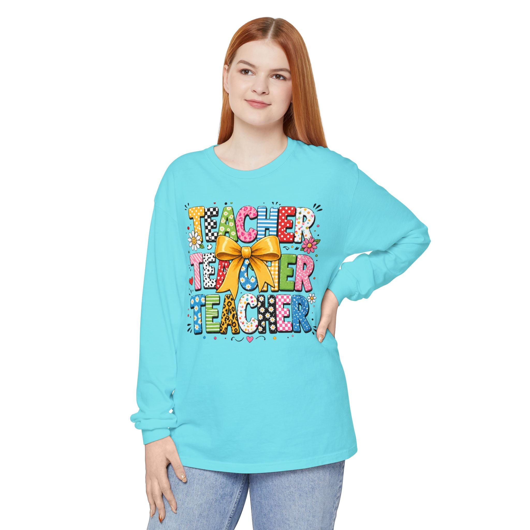 Teacher Tee — Colorful 'Teacher' Graphic Long Sleeve Shirt (Bow Design)