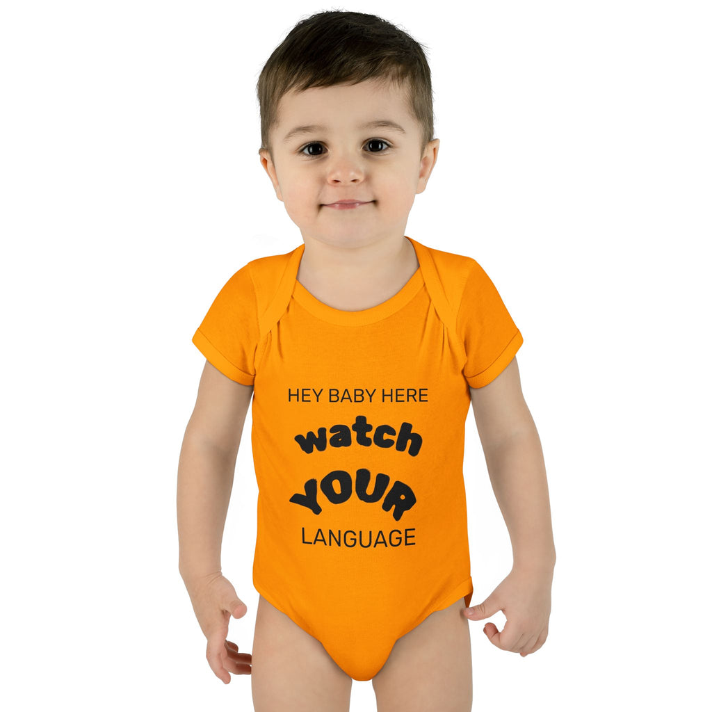 Infant Bodysuit — "Hey Baby Here, Watch Your Language" Cute Newborn Onesie (Back ‘Thank You’)