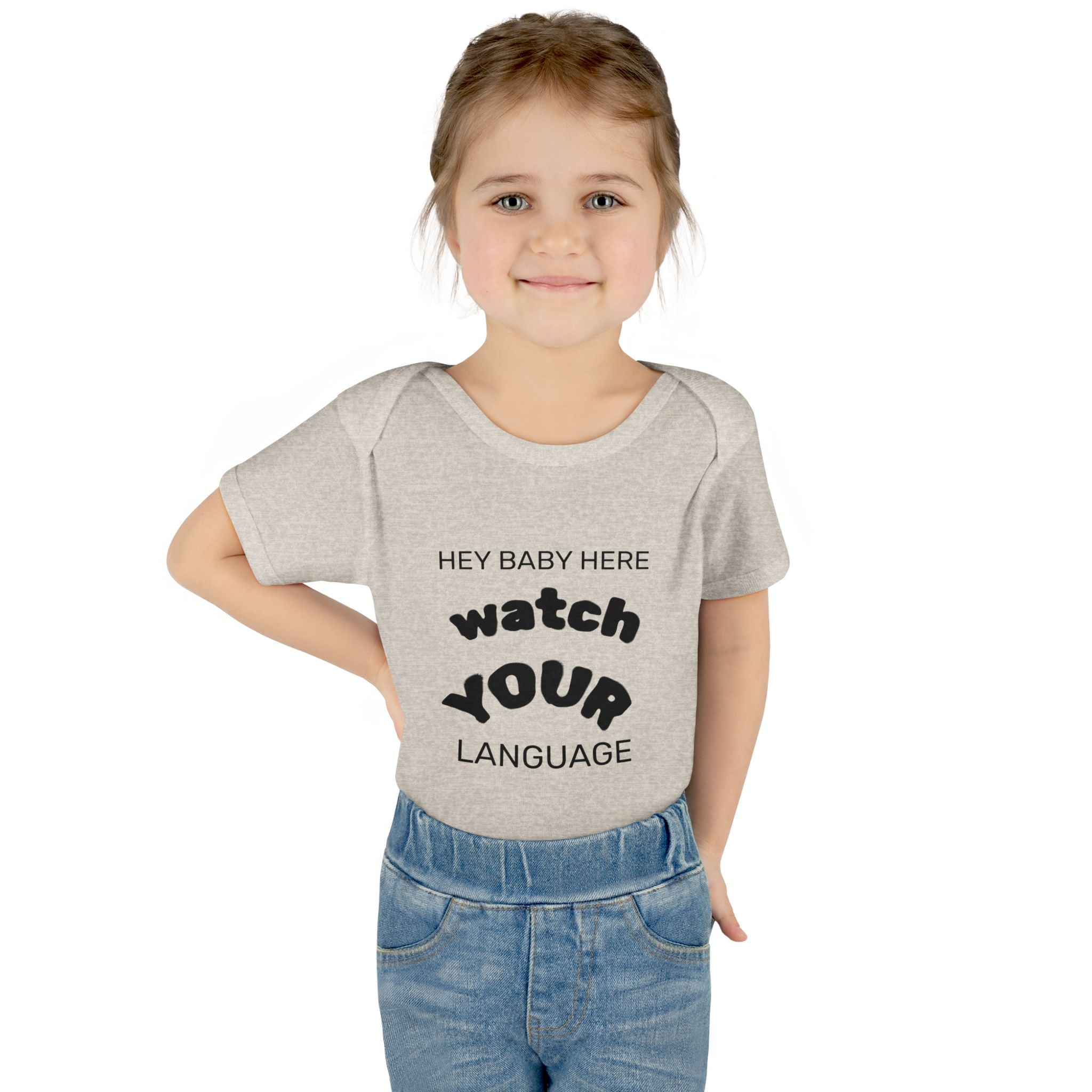 Infant Bodysuit — "Hey Baby Here, Watch Your Language" Cute Newborn Onesie (Back ‘Thank You’)