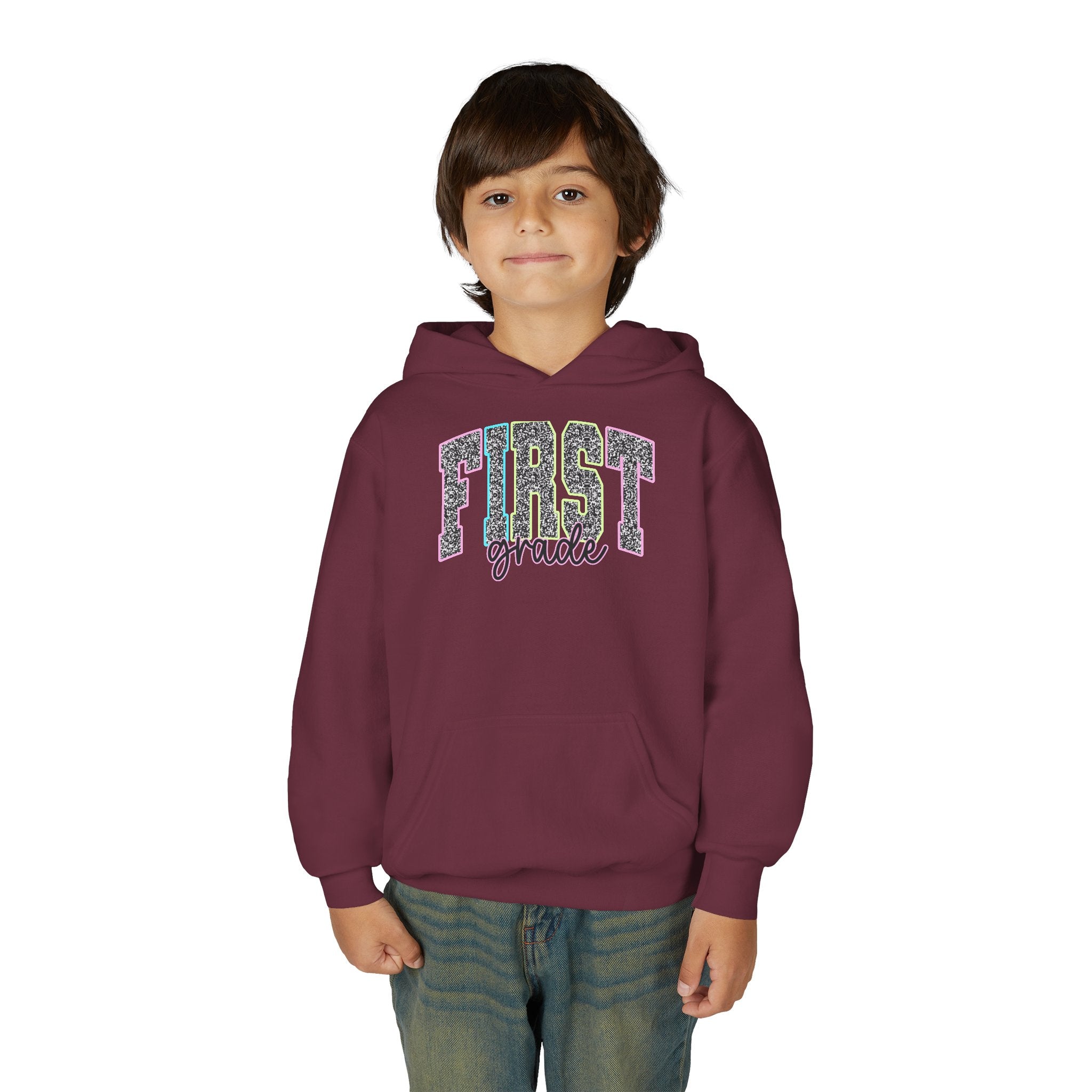 First Grade Kids Hoodie — Glitter Lettering Back-to-School Sweatshirt