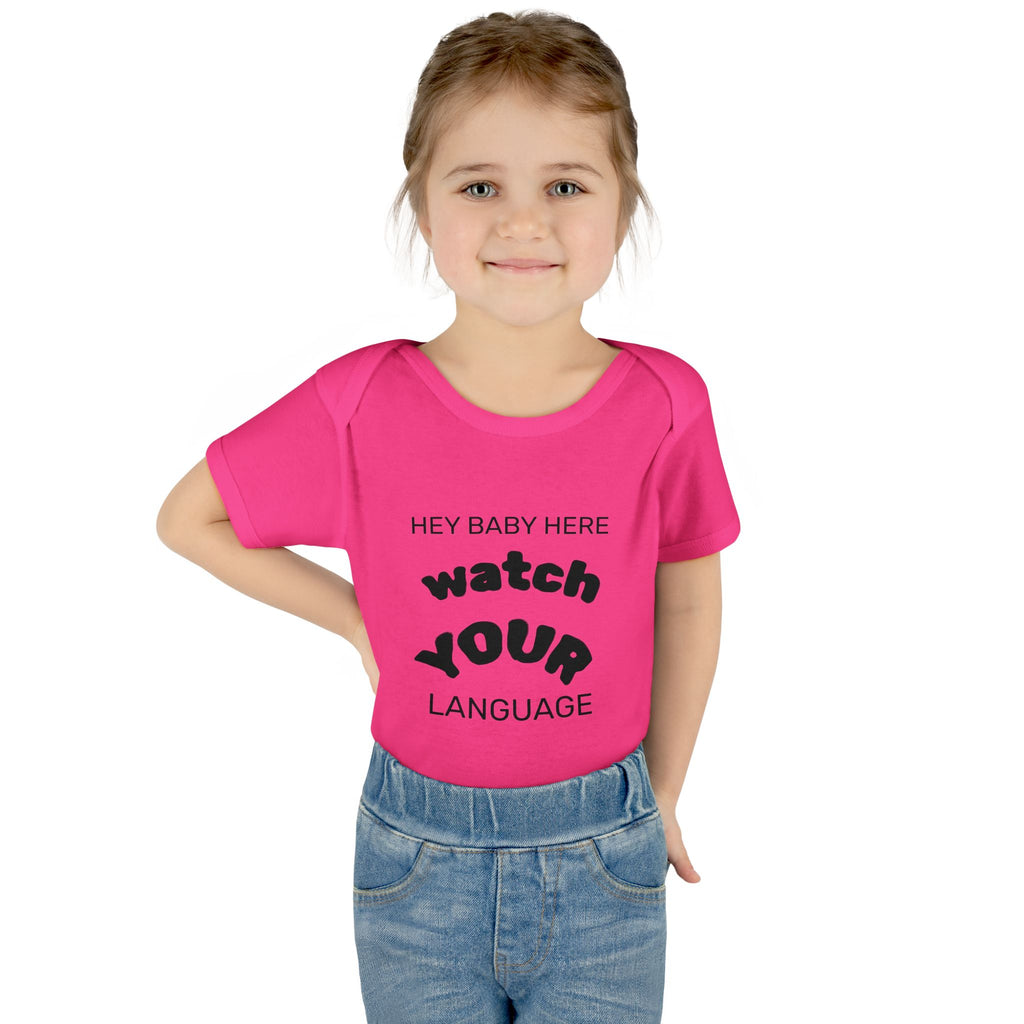 Infant Bodysuit — "Hey Baby Here, Watch Your Language" Cute Newborn Onesie (Back ‘Thank You’)