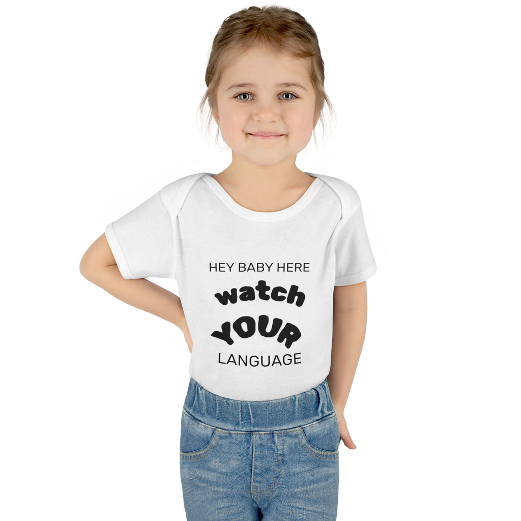 Infant Bodysuit — "Hey Baby Here, Watch Your Language" Cute Newborn Onesie (Back ‘Thank You’)