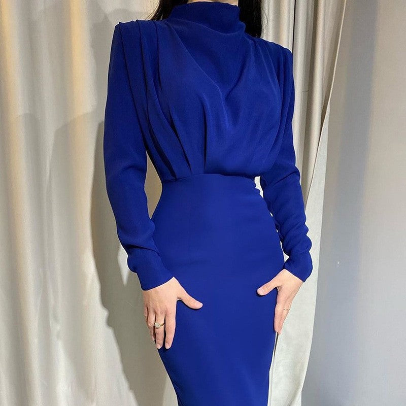 Women Elegant Long Sleeve Pleated Slim Dress