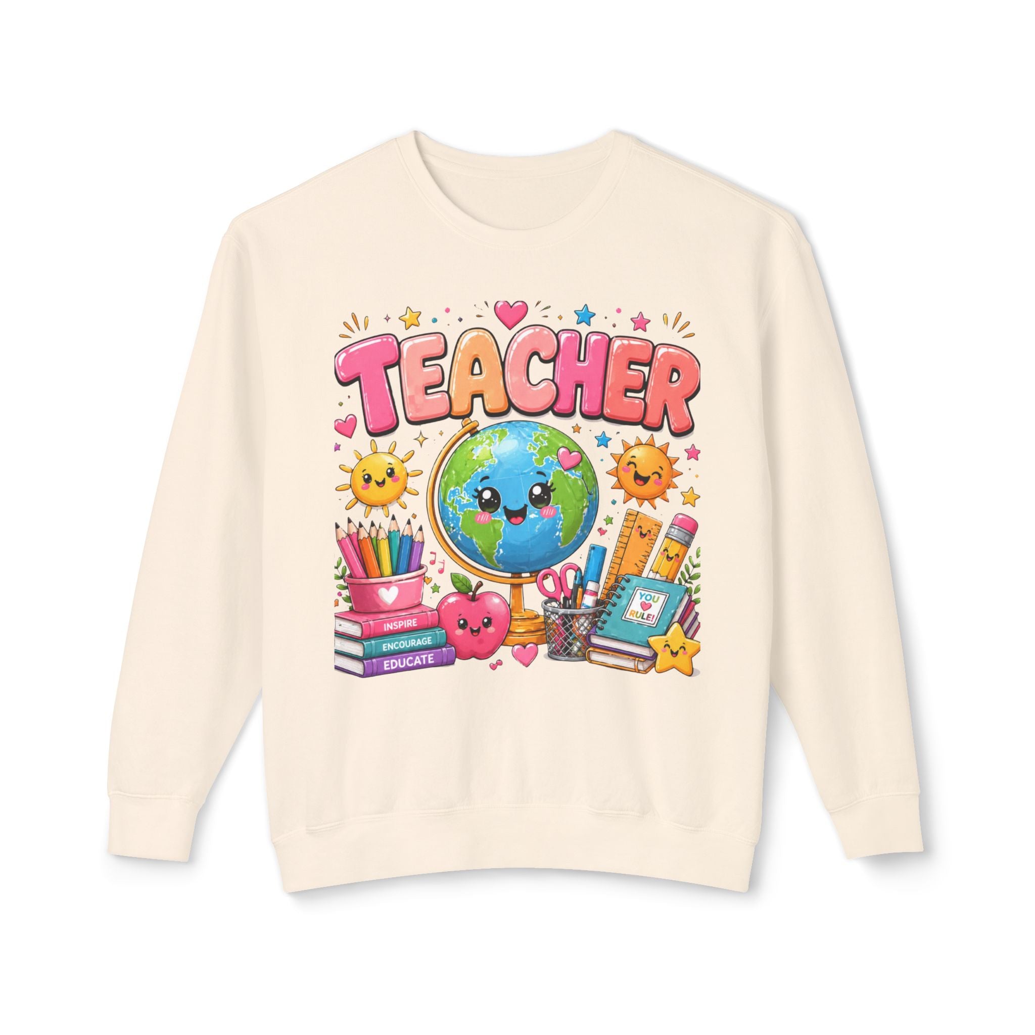 Teacher Crewneck Sweatshirt — Cute Kawaii Earth & School Supplies Gift for Educators