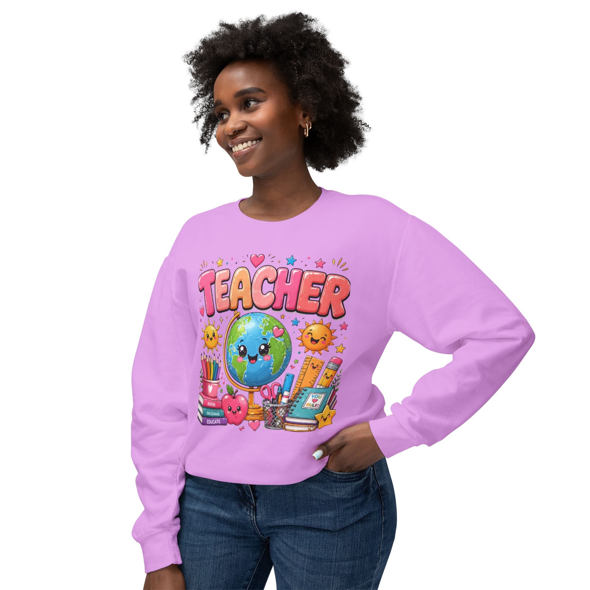 Teacher Crewneck Sweatshirt — Cute Kawaii Earth & School Supplies Gift for Educators