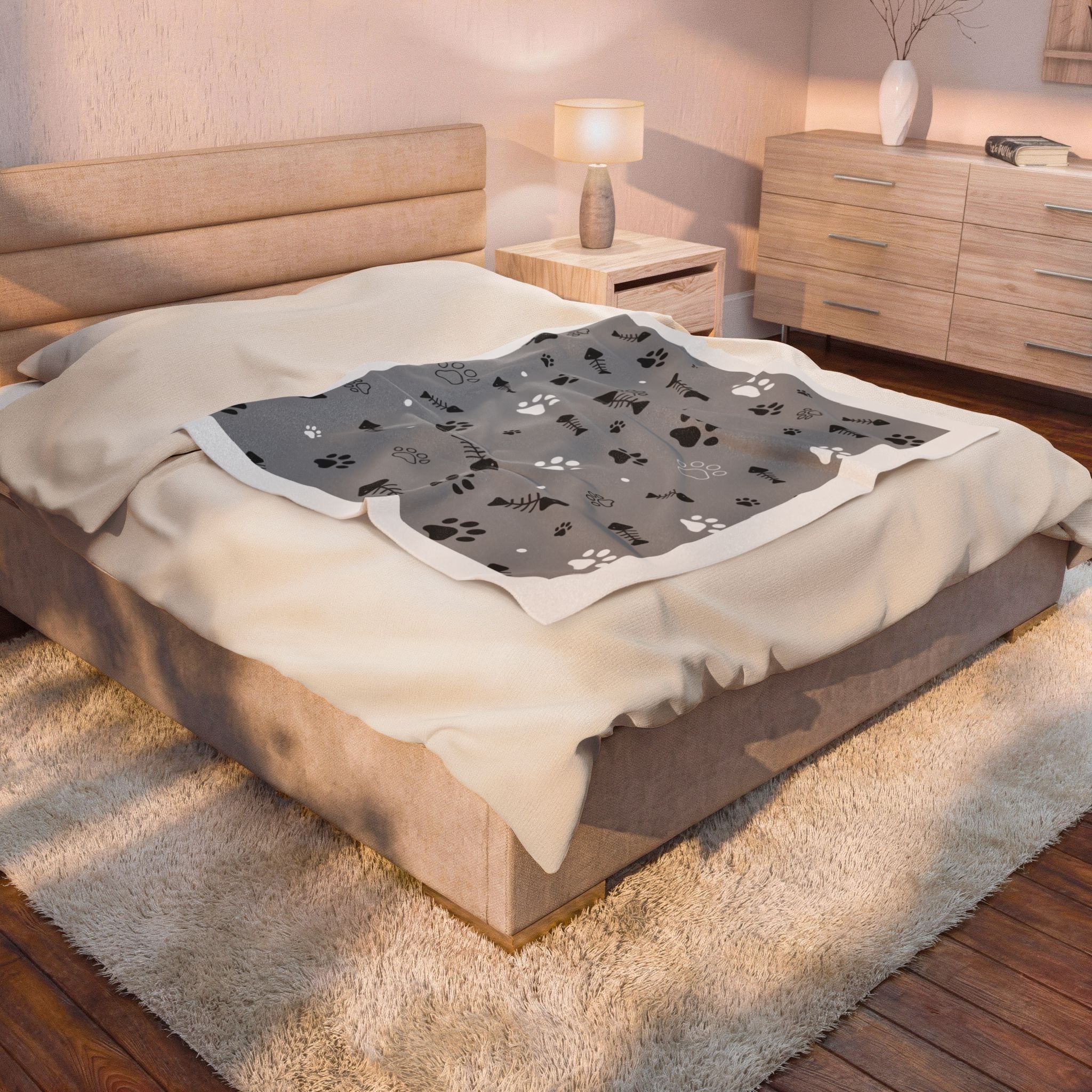 Velveteen Plush Blanket — Cozy Gray Paw Print Pet Throw
