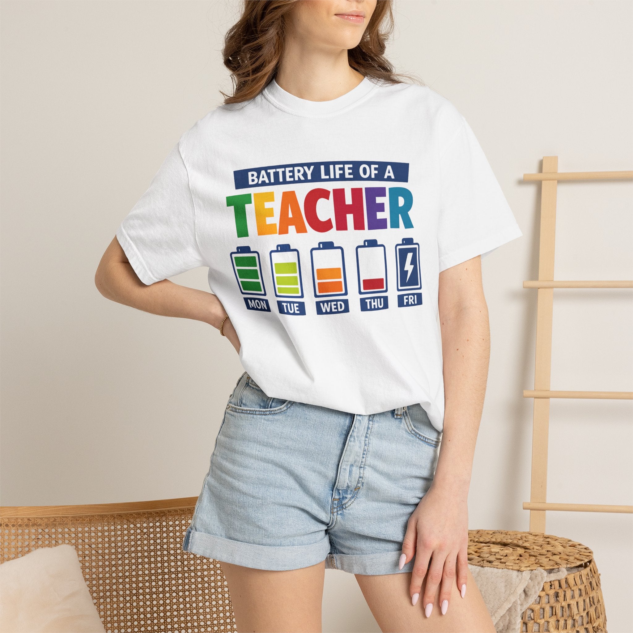 Teacher Battery Life T-Shirt — Funny Teacher Appreciation Tee (Mon-Fri Battery Icons)