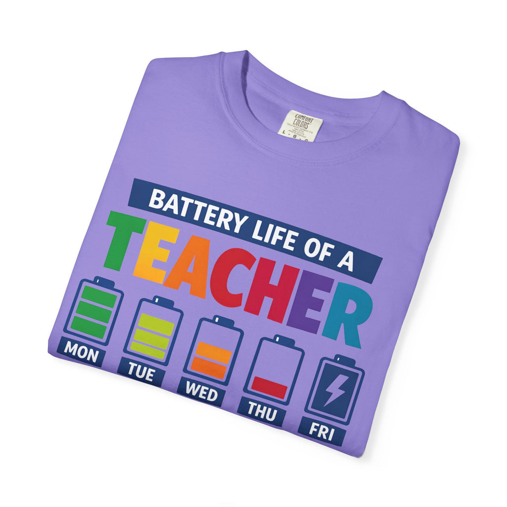 Teacher Battery Life T-Shirt — Funny Teacher Appreciation Tee (Mon-Fri Battery Icons)