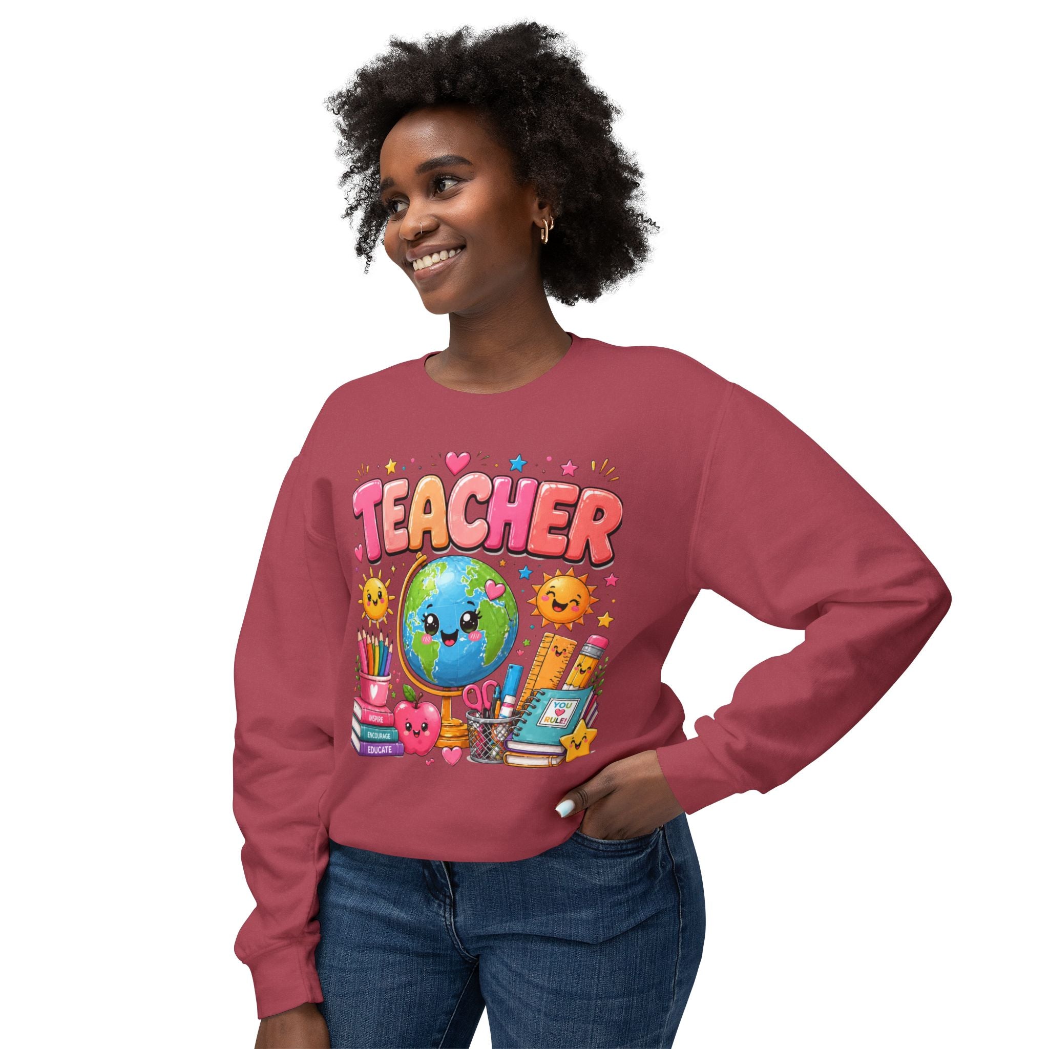 Teacher Crewneck Sweatshirt — Cute Kawaii Earth & School Supplies Gift for Educators