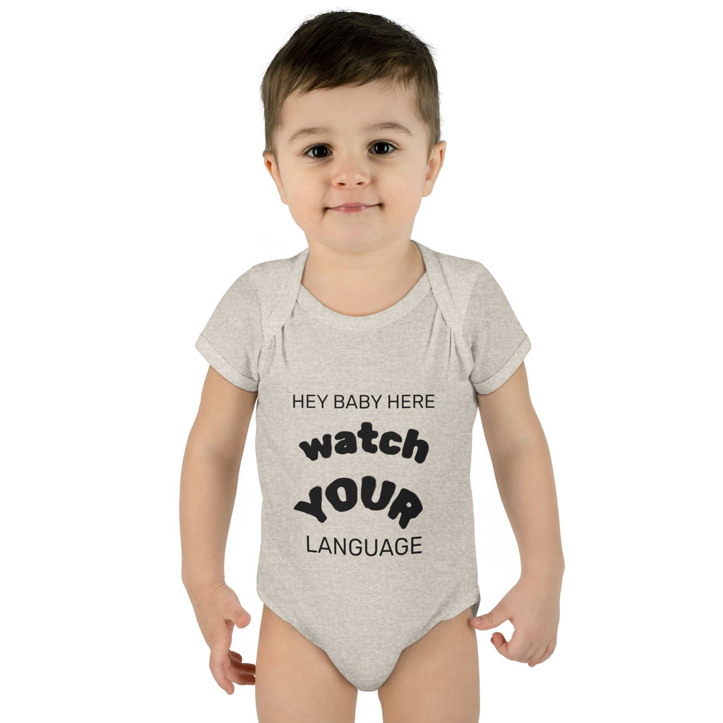 Infant Bodysuit — "Hey Baby Here, Watch Your Language" Cute Newborn Onesie (Back ‘Thank You’)