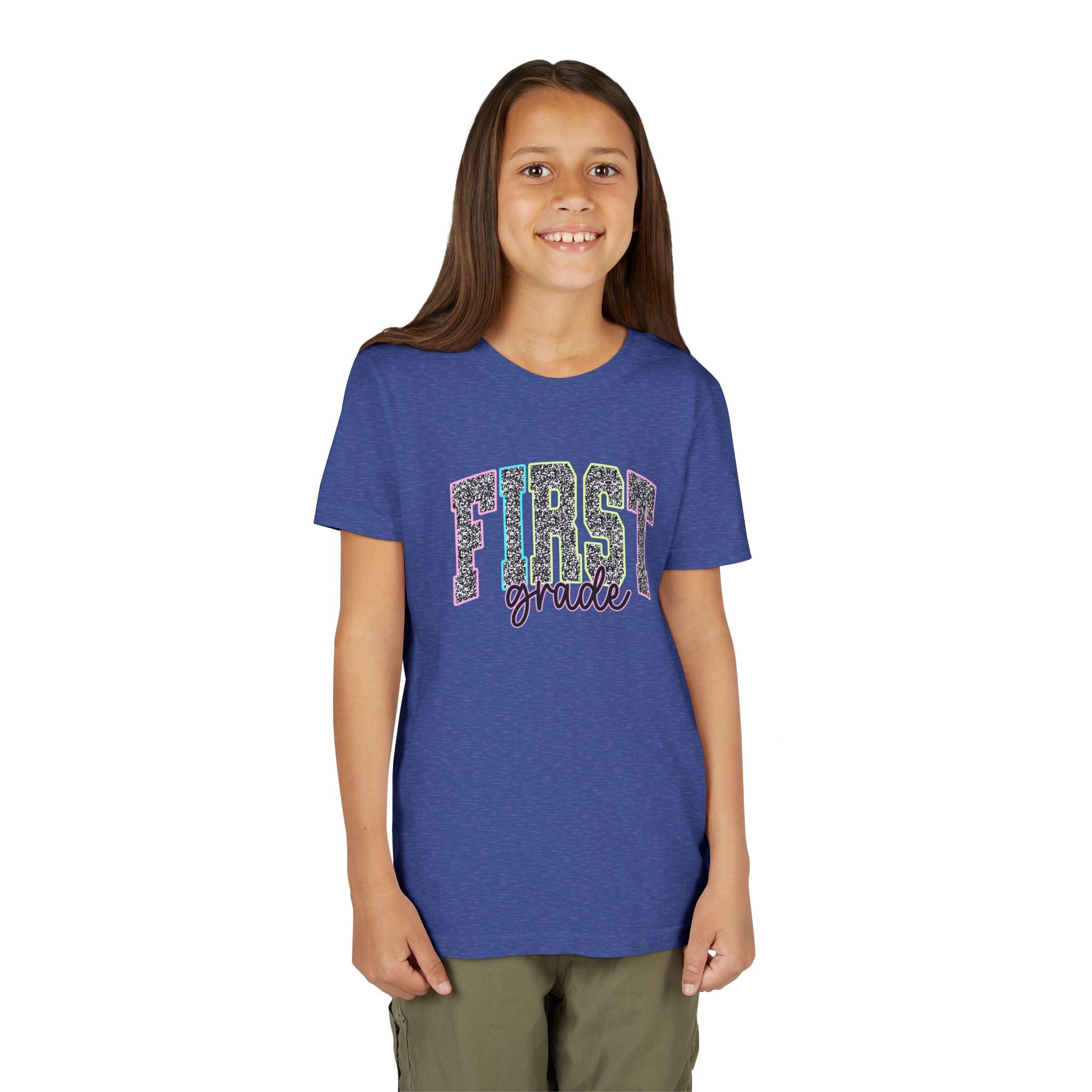 First Grade Youth Tee — Glitter Leopard 'FIRST grade' Back-to-School Shirt