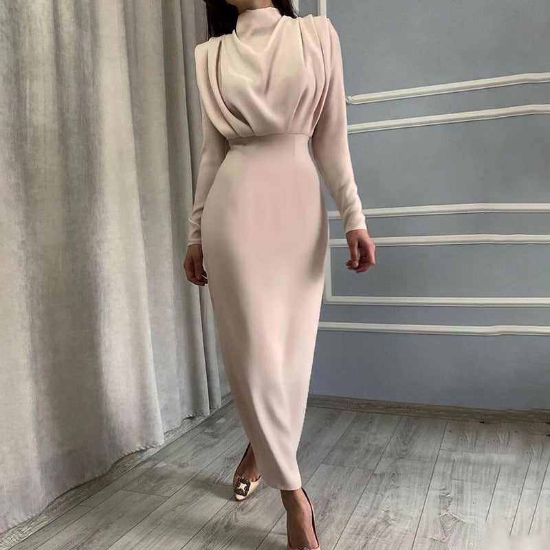 Women Elegant Long Sleeve Pleated Slim Dress