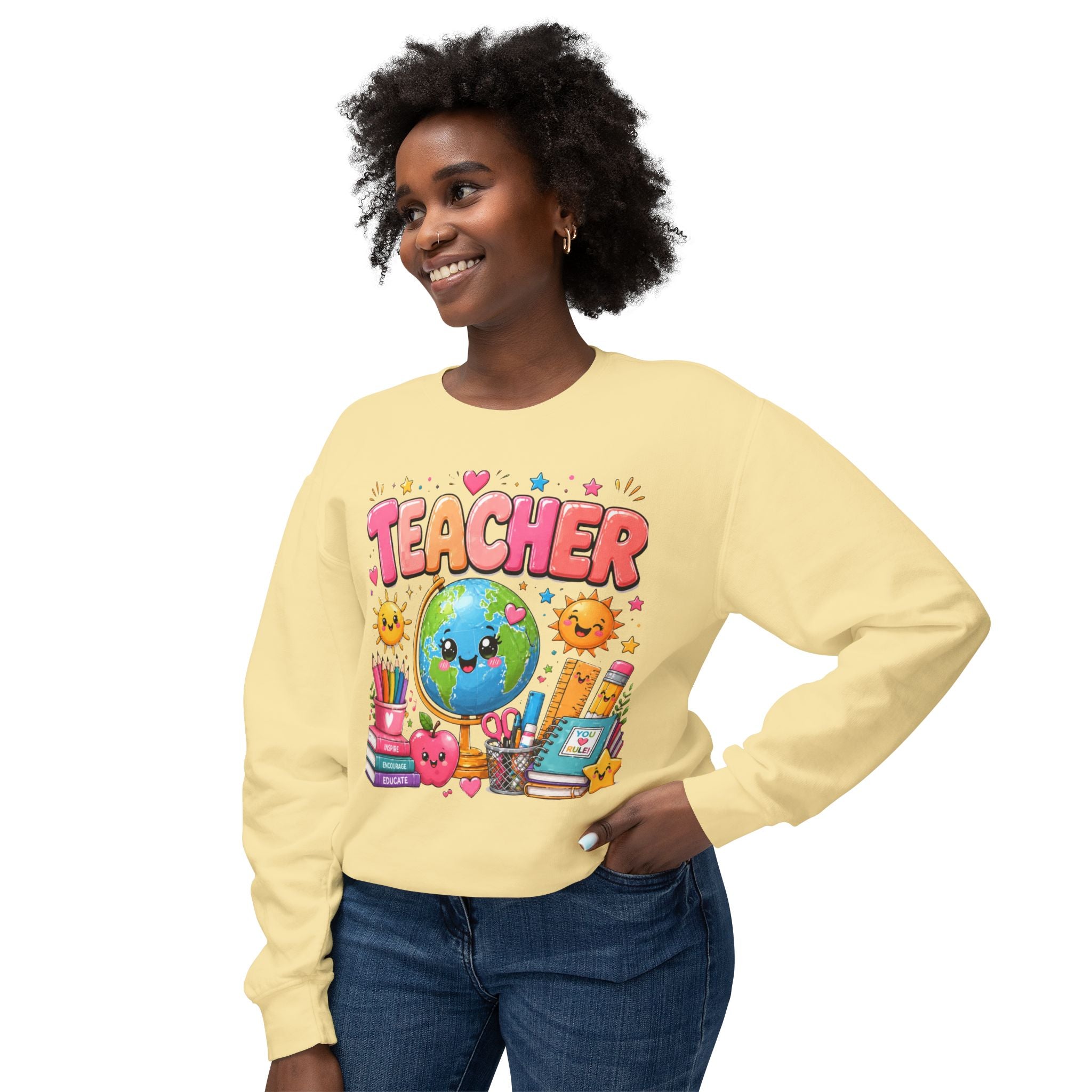 Teacher Crewneck Sweatshirt — Cute Kawaii Earth & School Supplies Gift for Educators