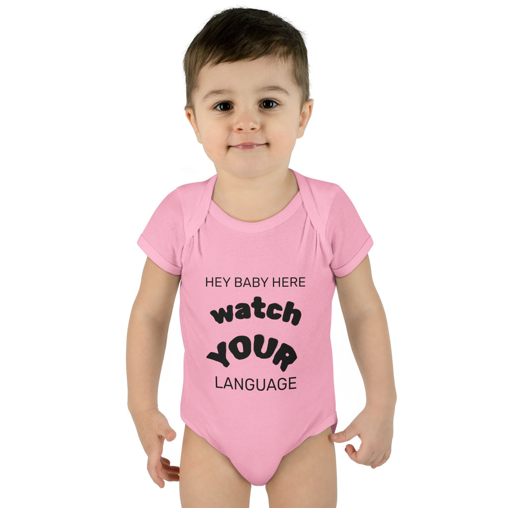 Infant Bodysuit — "Hey Baby Here, Watch Your Language" Cute Newborn Onesie (Back ‘Thank You’)