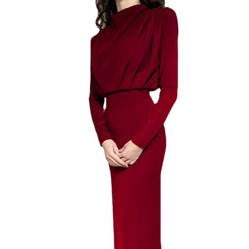 Women Elegant Long Sleeve Pleated Slim Dress