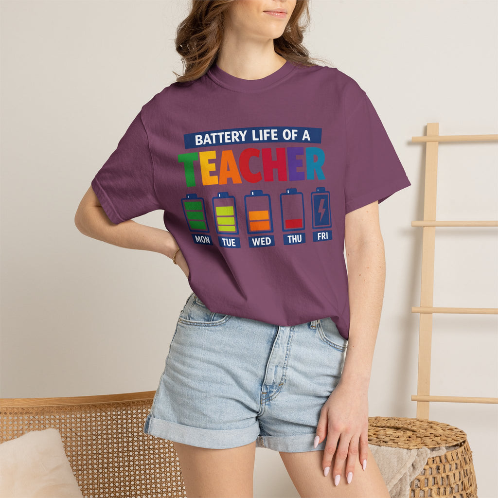 Teacher Battery Life T-Shirt — Funny Teacher Appreciation Tee (Mon-Fri Battery Icons)
