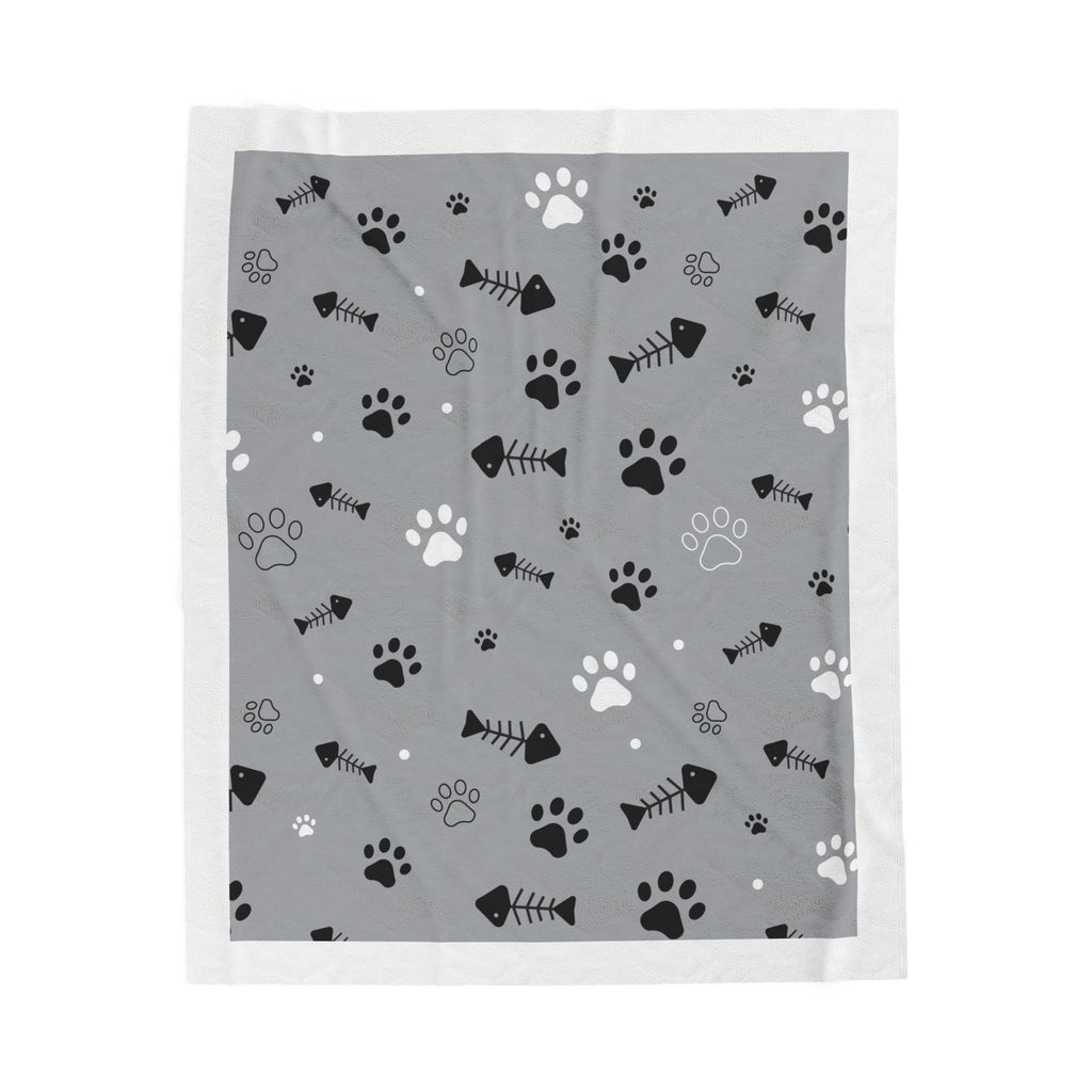 Velveteen Plush Blanket — Cozy Gray Paw Print Pet Throw