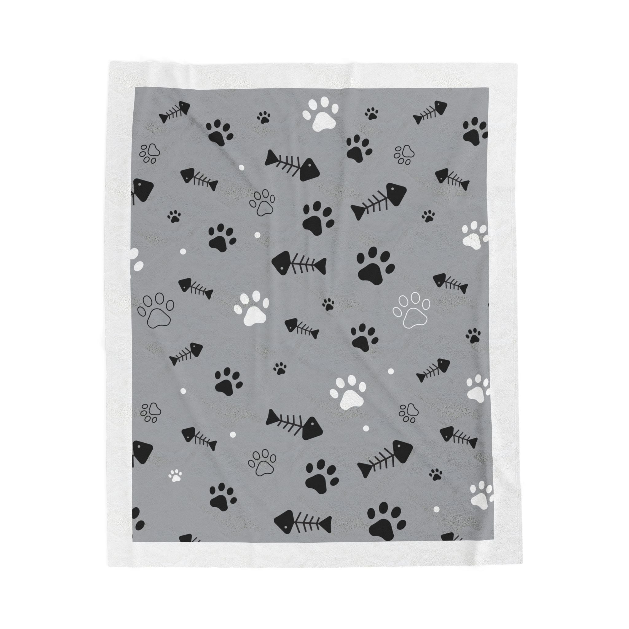 Velveteen Plush Blanket — Cozy Gray Paw Print Pet Throw