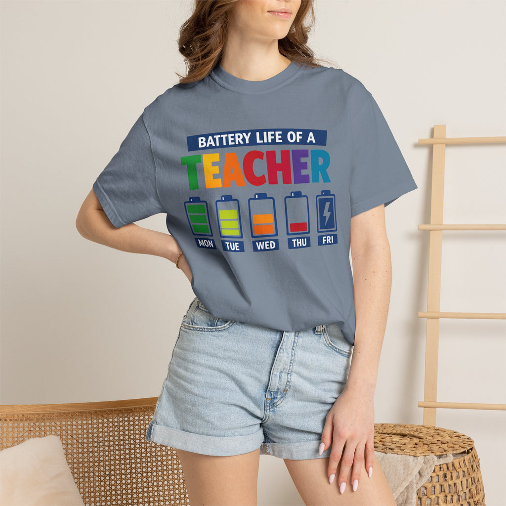 Teacher Battery Life T-Shirt — Funny Teacher Appreciation Tee (Mon-Fri Battery Icons)