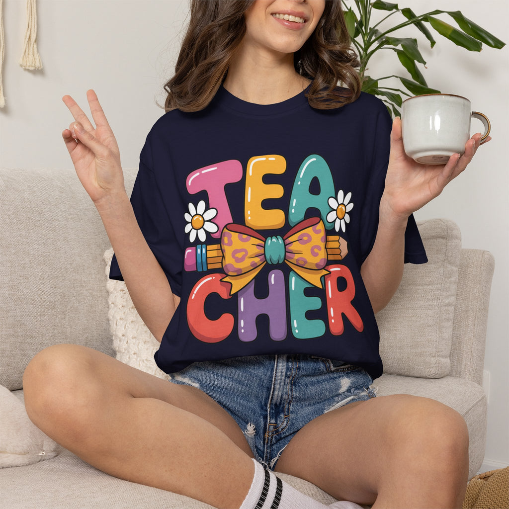 Teacher Pencil Bow T-Shirt — Cute Colorful Floral Teacher Gift