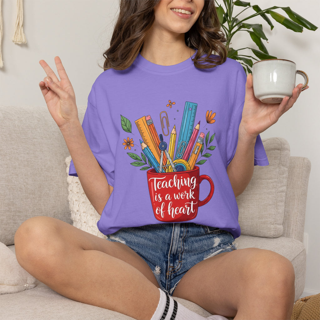 Teacher Mug Graphic T‑Shirt — "Teaching Is a Work of Heart" Back‑to‑School Gift