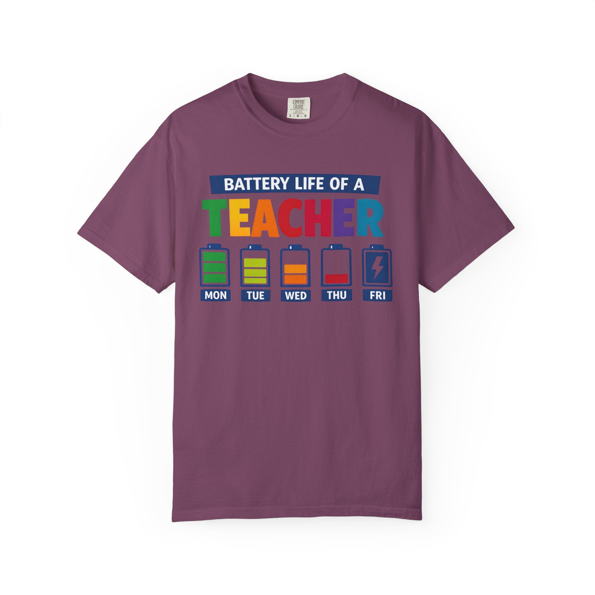 Teacher Battery Life T-Shirt — Funny Teacher Appreciation Tee (Mon-Fri Battery Icons)