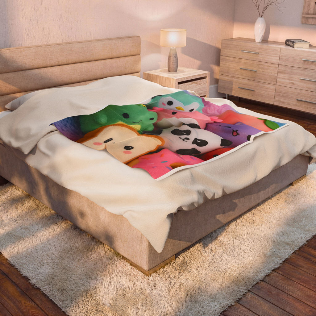 Plush Friends Velveteen Blanket – Cute Kawaii Stuffed Toy Print