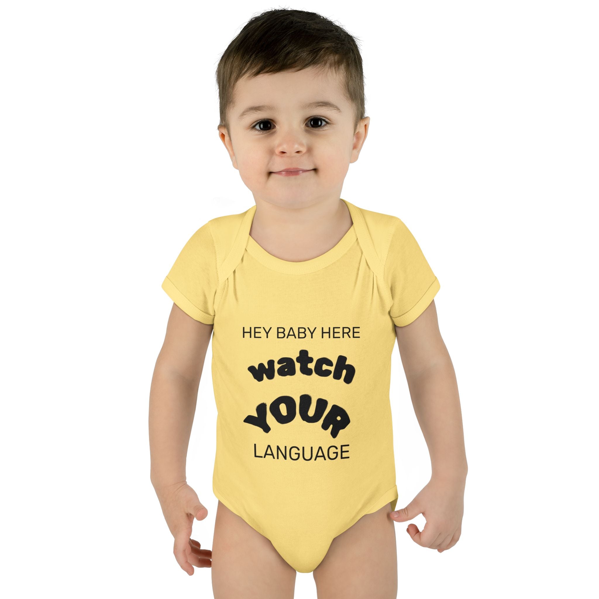Infant Bodysuit — "Hey Baby Here, Watch Your Language" Cute Newborn Onesie (Back ‘Thank You’)