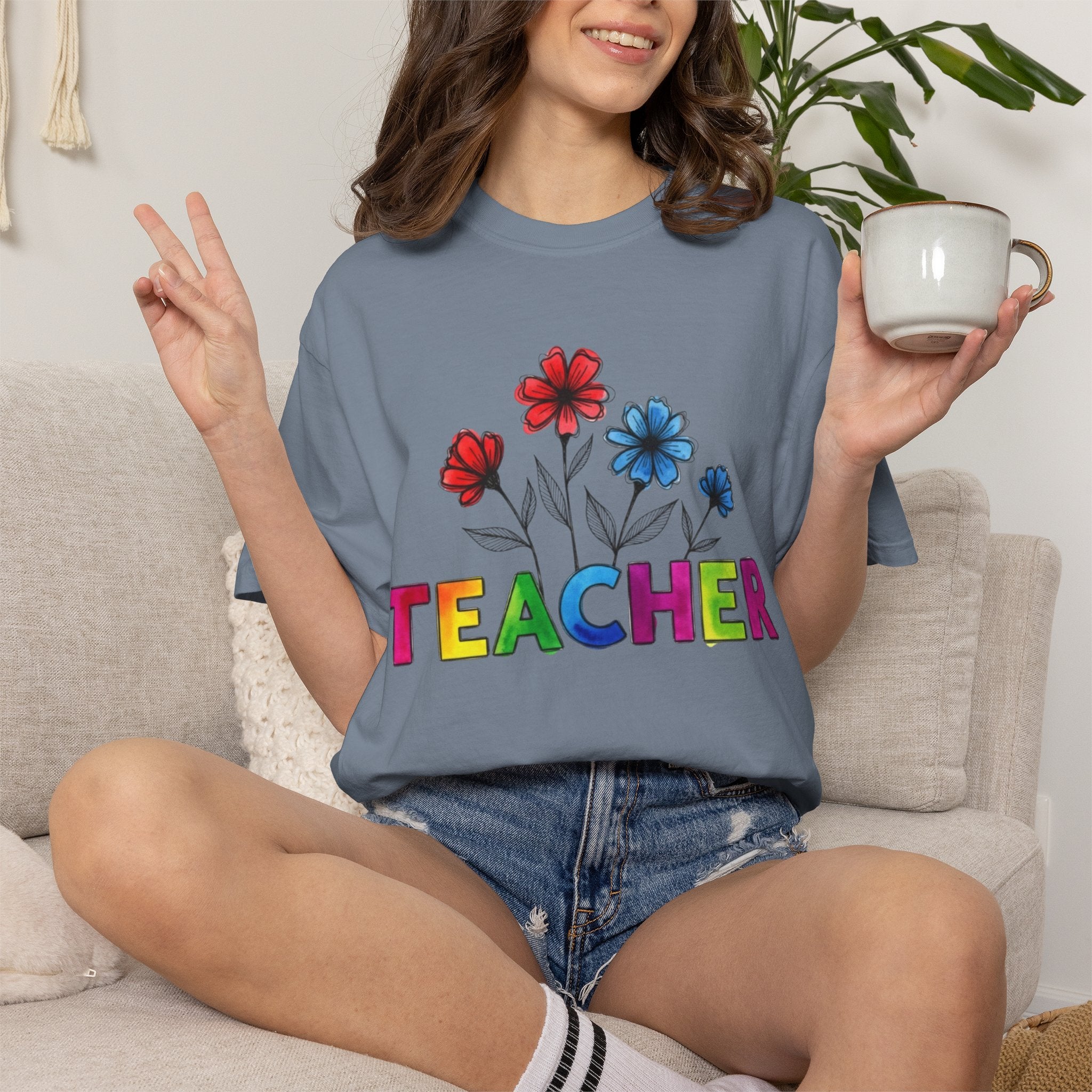 Teacher Floral T‑Shirt — Colorful Rainbow Letters & Bouquet