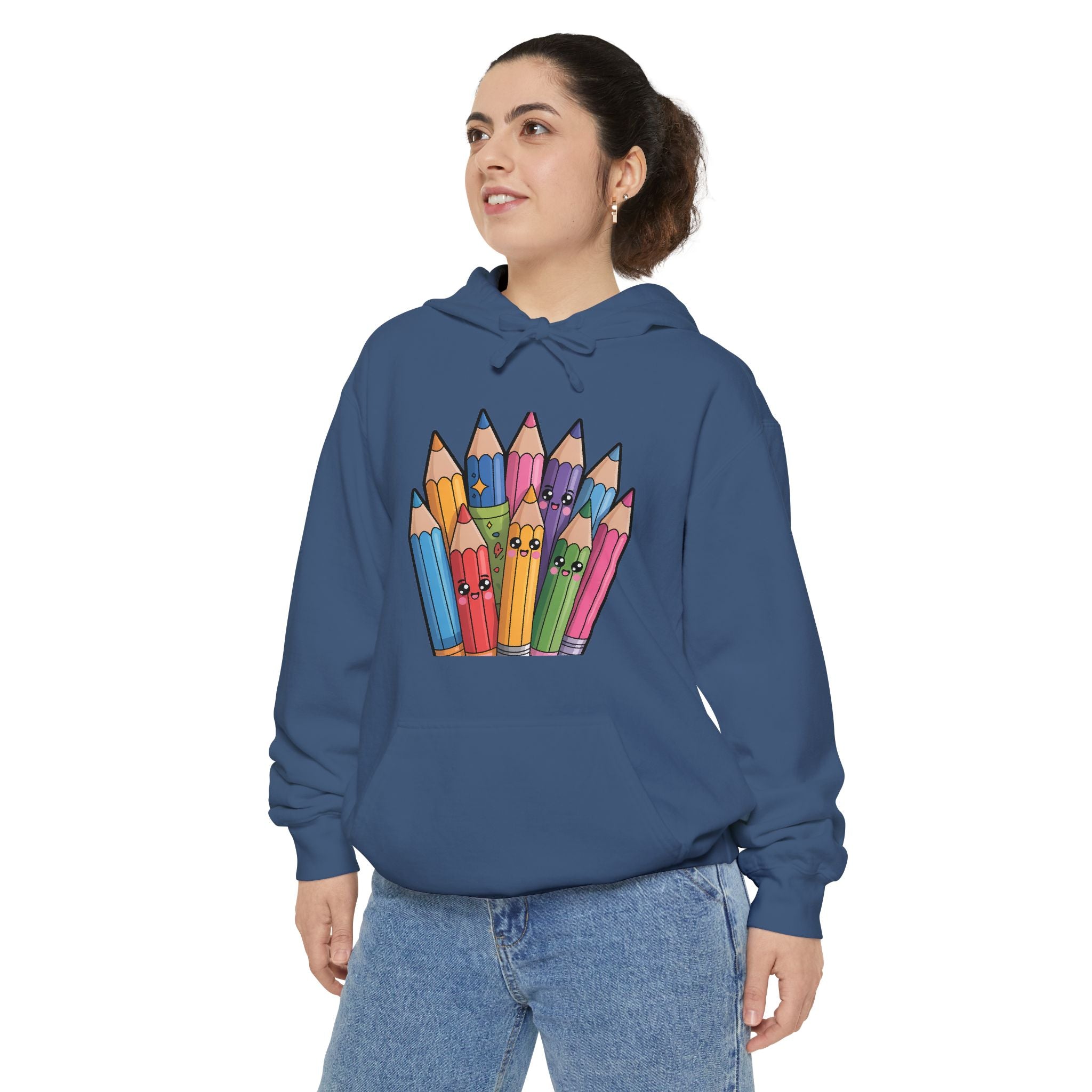 Colorful Pencil Crew Hoodie — Cute Rainbow Pencils Graphic for Teachers & Artists