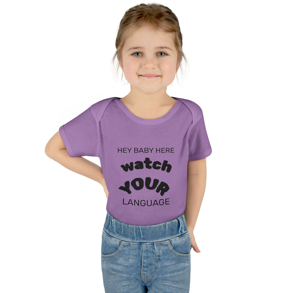 Infant Bodysuit — "Hey Baby Here, Watch Your Language" Cute Newborn Onesie (Back ‘Thank You’)