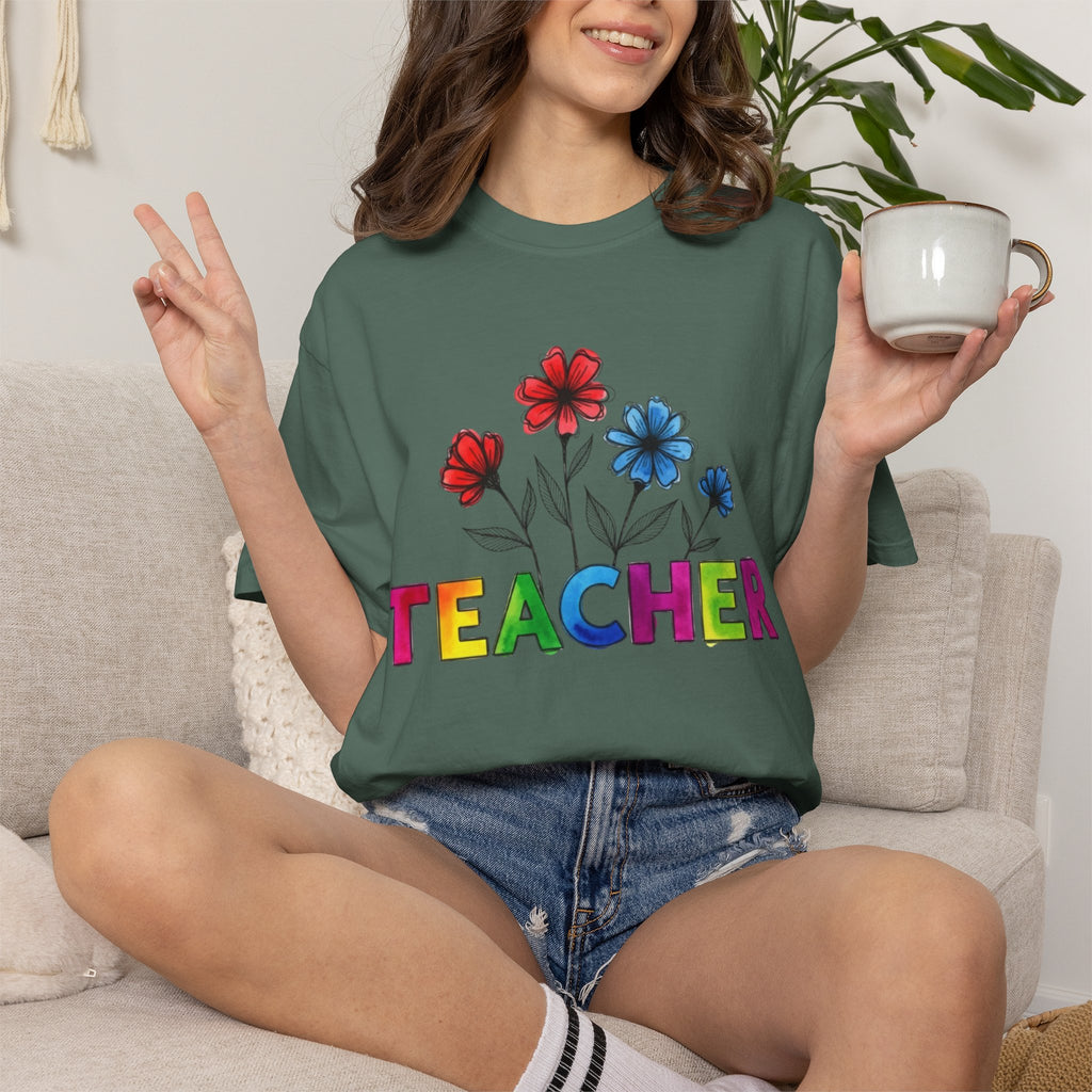 Teacher Floral T‑Shirt — Colorful Rainbow Letters & Bouquet